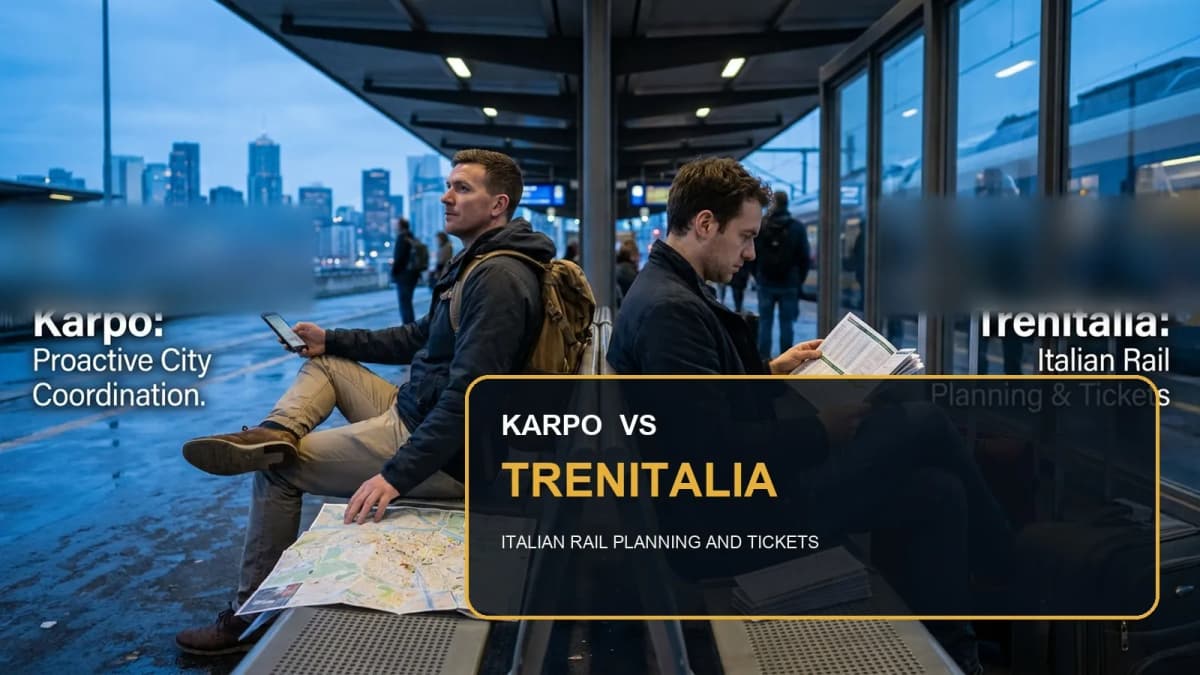 Karpo versus Trenitalia in a photorealistic editorial comparison.