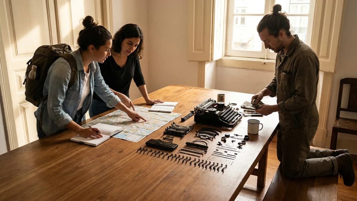 Photorealistic scene showing Karpo coordinating the wider day around Workaway.