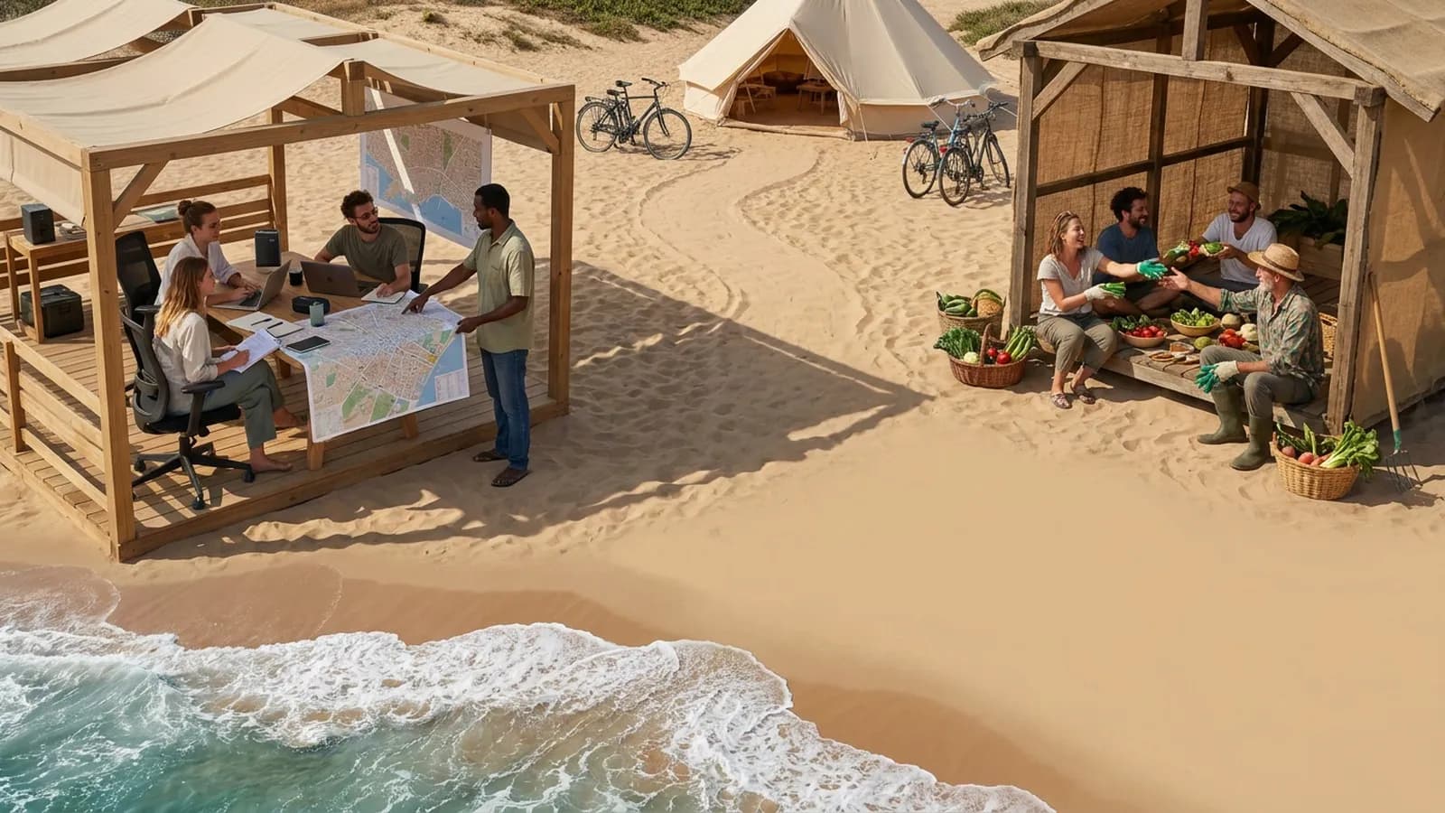 Photorealistic scene showing Karpo coordinating the wider day around WWOOF.