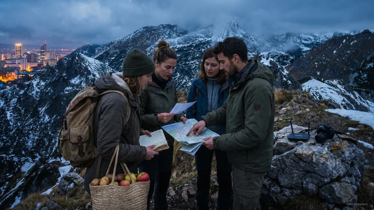 Photorealistic group decision scene showing when to use Karpo and when to use WWOOF.
