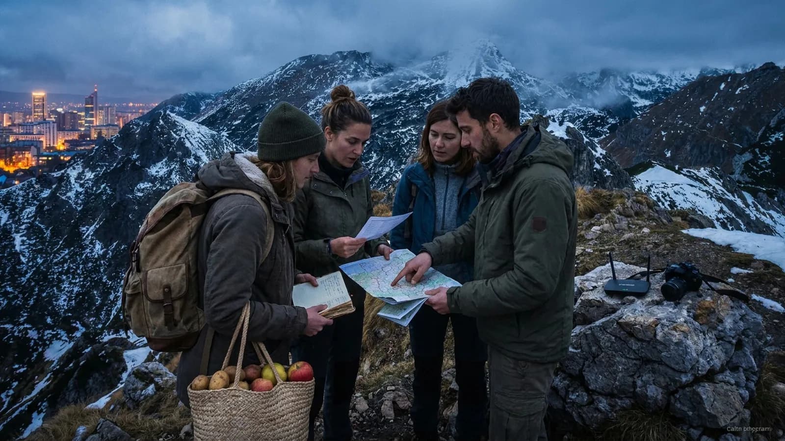 Photorealistic group decision scene showing when to use Karpo and when to use WWOOF.