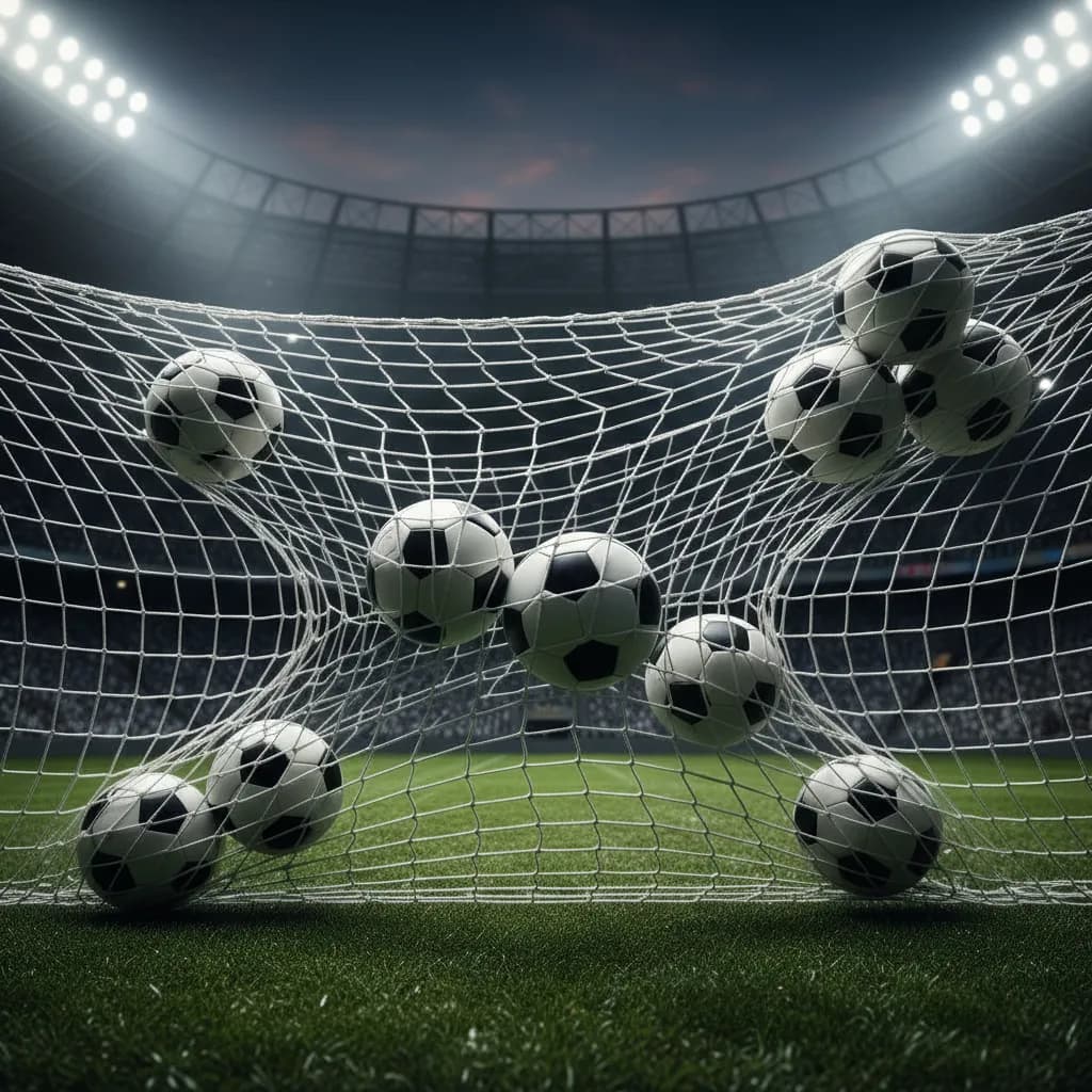 Seven balls in a goal net symbolize Haaland's scoring spree