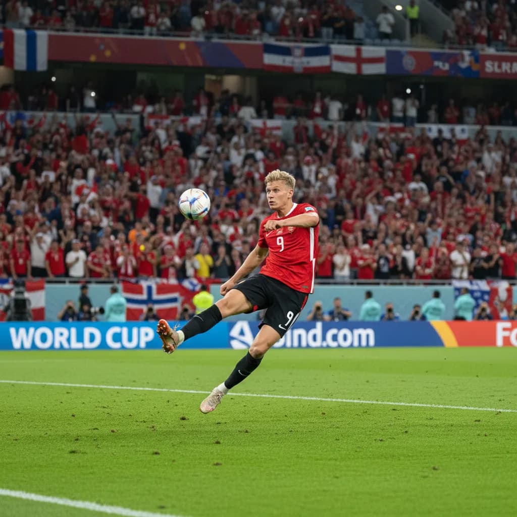 Nordic striker volleying under floodlights before a packed crowd