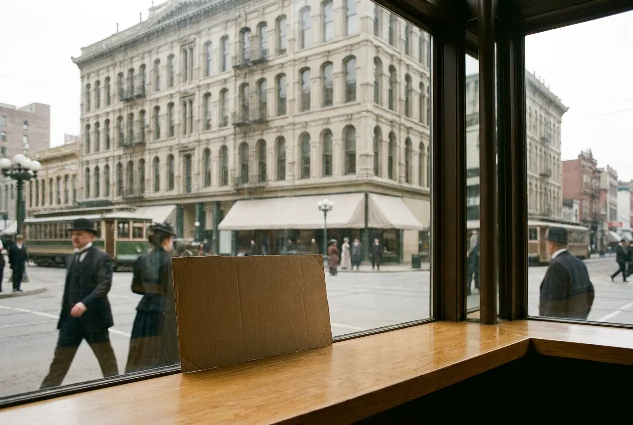 A restaurant window with a hand-lettered blank sign card propped against the glass