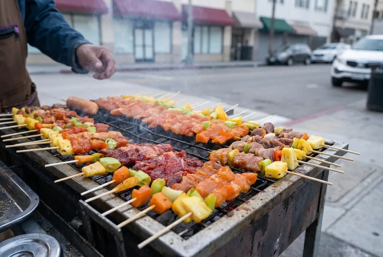 A charcoal grill loaded with skewers of meat and peppers