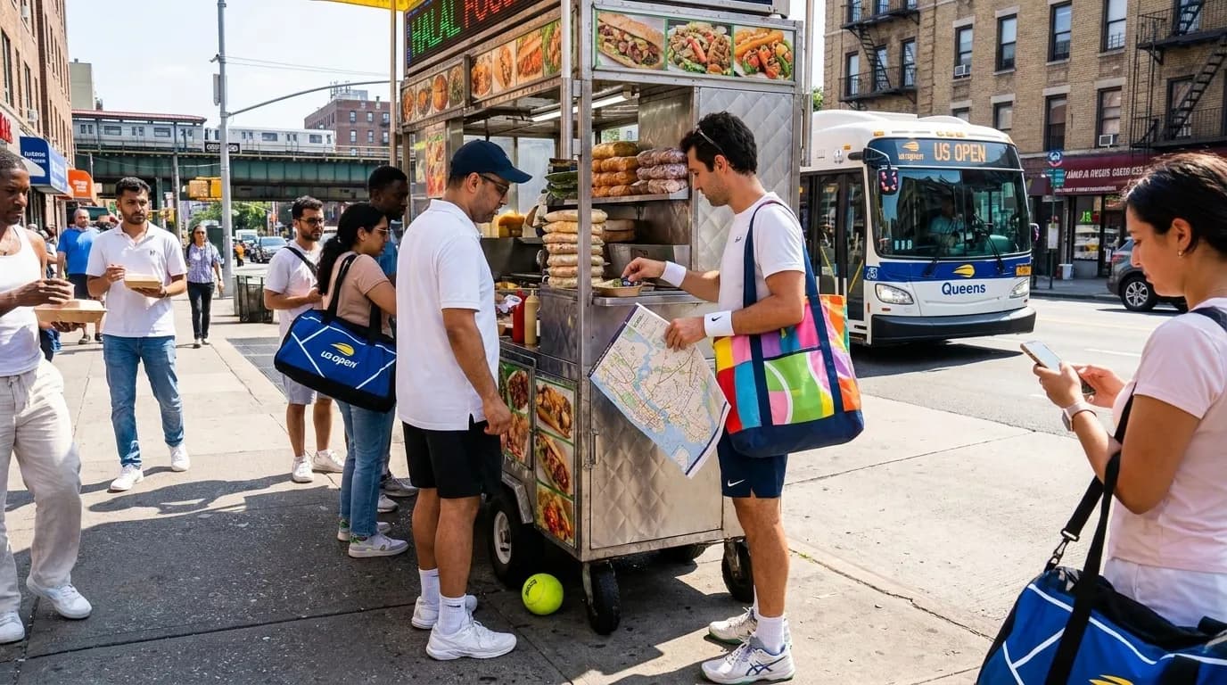 Photorealistic New York scene for Halal Food Routes Between Jackson Heights and US Open.