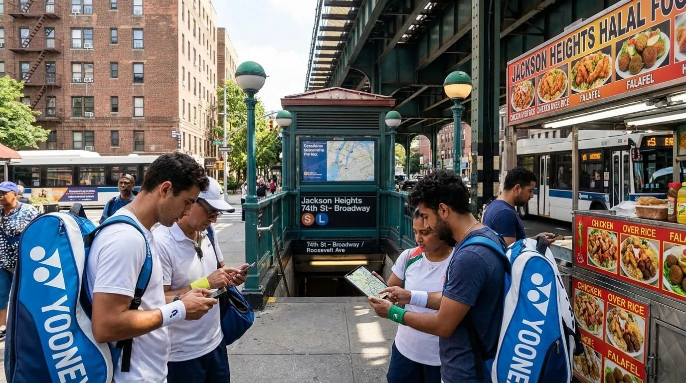Bright editorial scene supporting Halal Food Routes Between Jackson Heights and US Open.