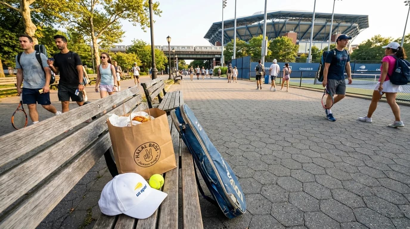 Bright editorial scene supporting Halal Food Routes Between Jackson Heights and US Open.