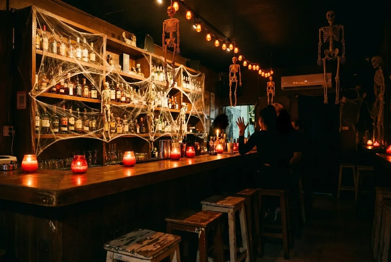 A dimly lit neighbourhood bar decorated with cobwebs, candles and hanging skeletons