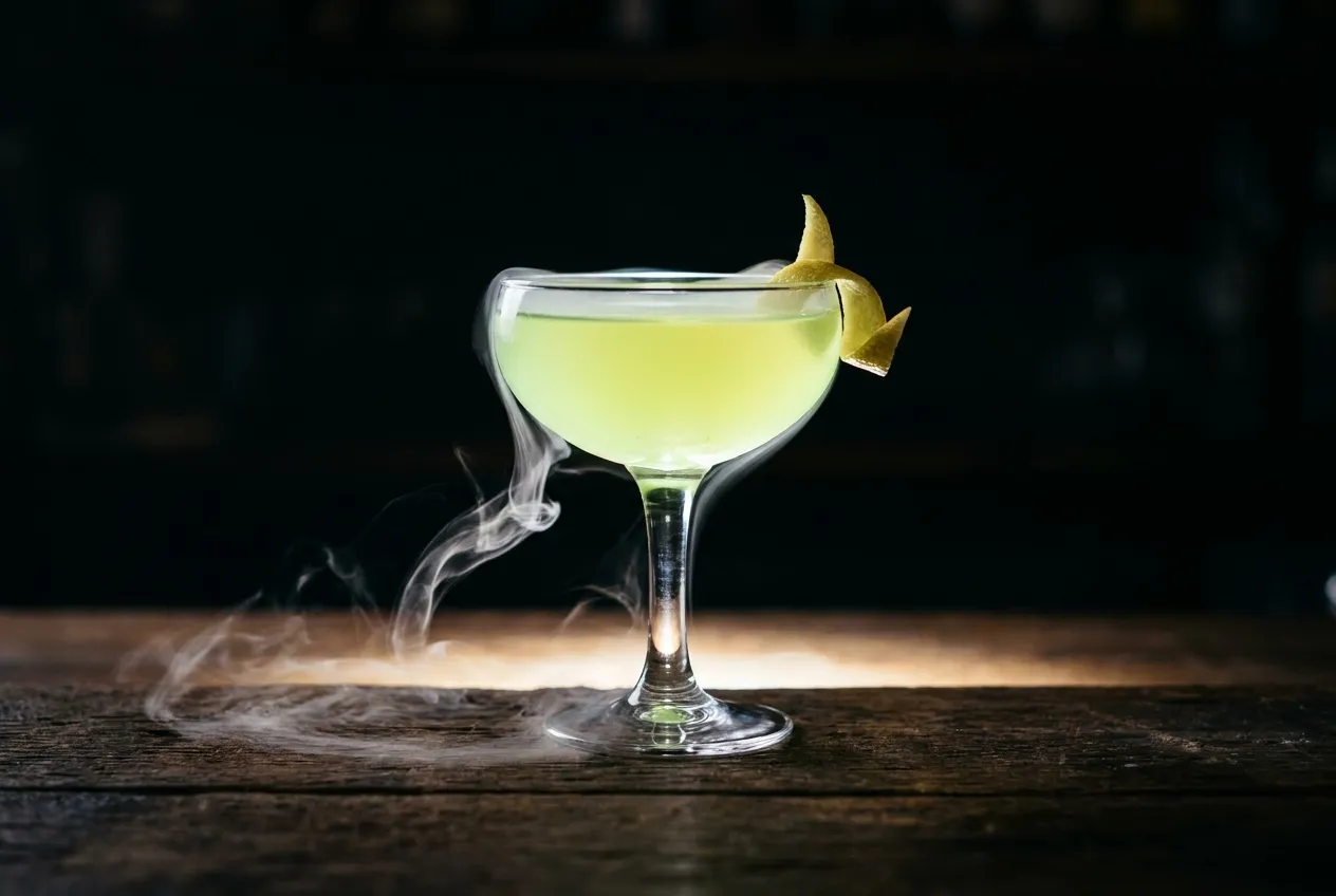 A green cocktail in a coupe glass lit from below on a dark bar counter