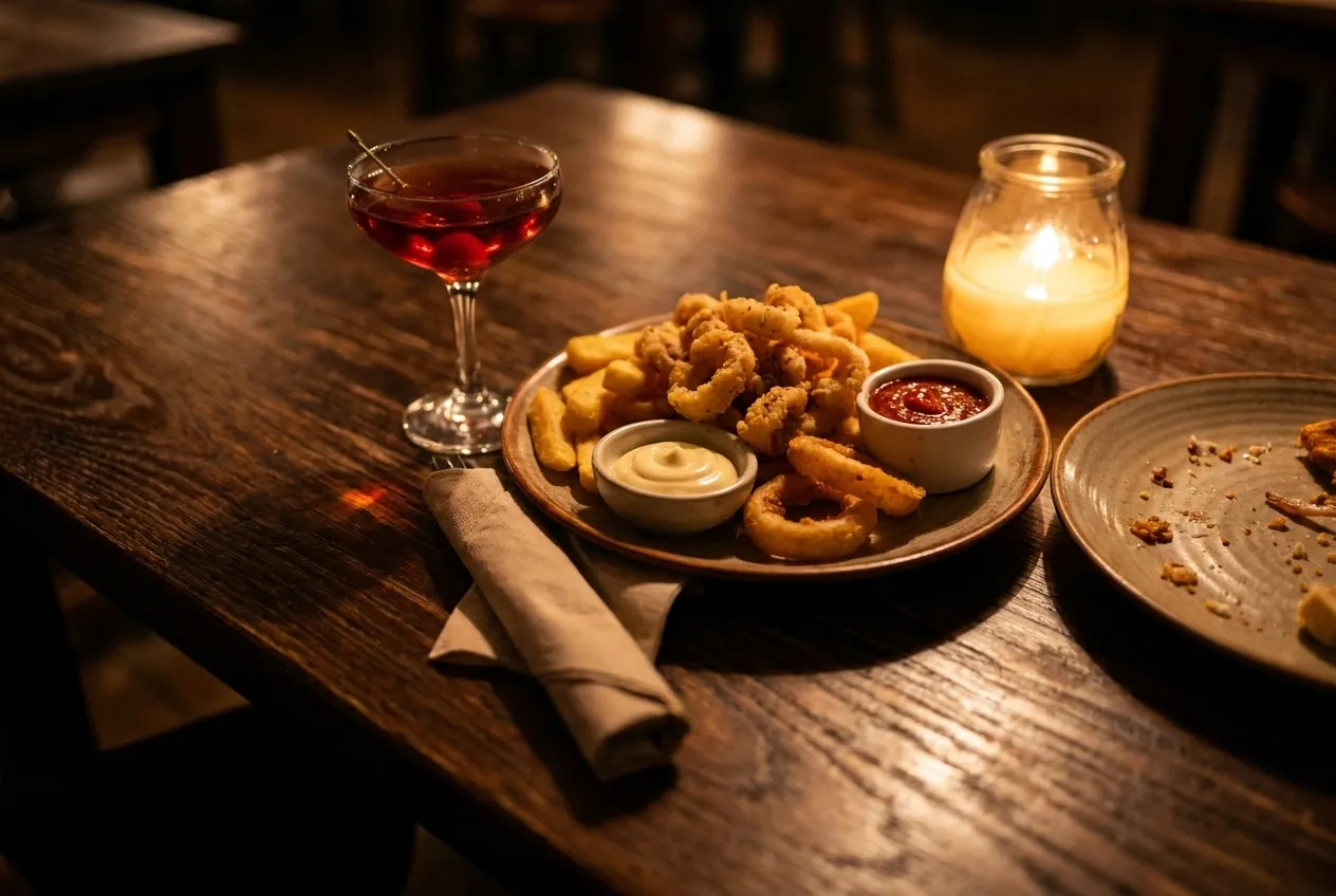 A plate of tavern food and a martini on a dark wooden table at night