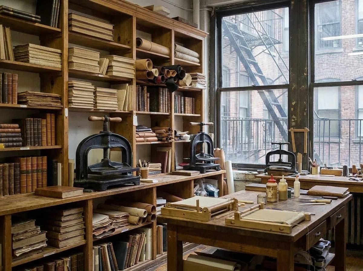 Hand-bound ledger and folio bindery in garment district loft