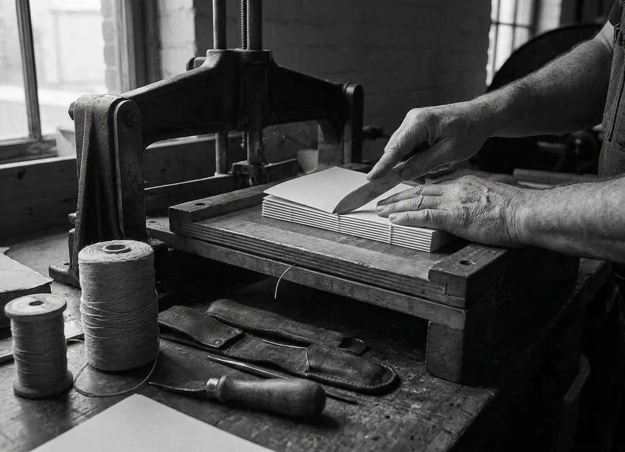 Hand-bound ledger and folio bindery in garment district loft