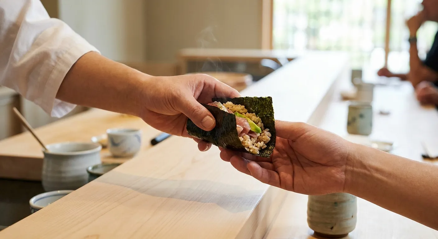A freshly rolled temaki handroll with crisp nori being passed across a blond-wood sushi counter