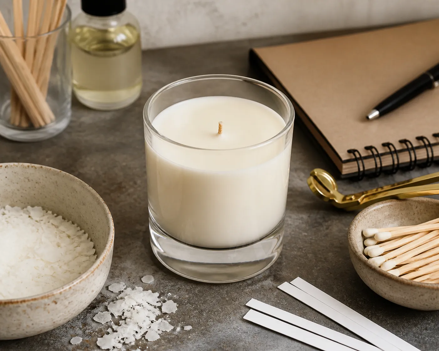 Finished soy candle with matches and scent notes on a studio tabletop in Los Angeles