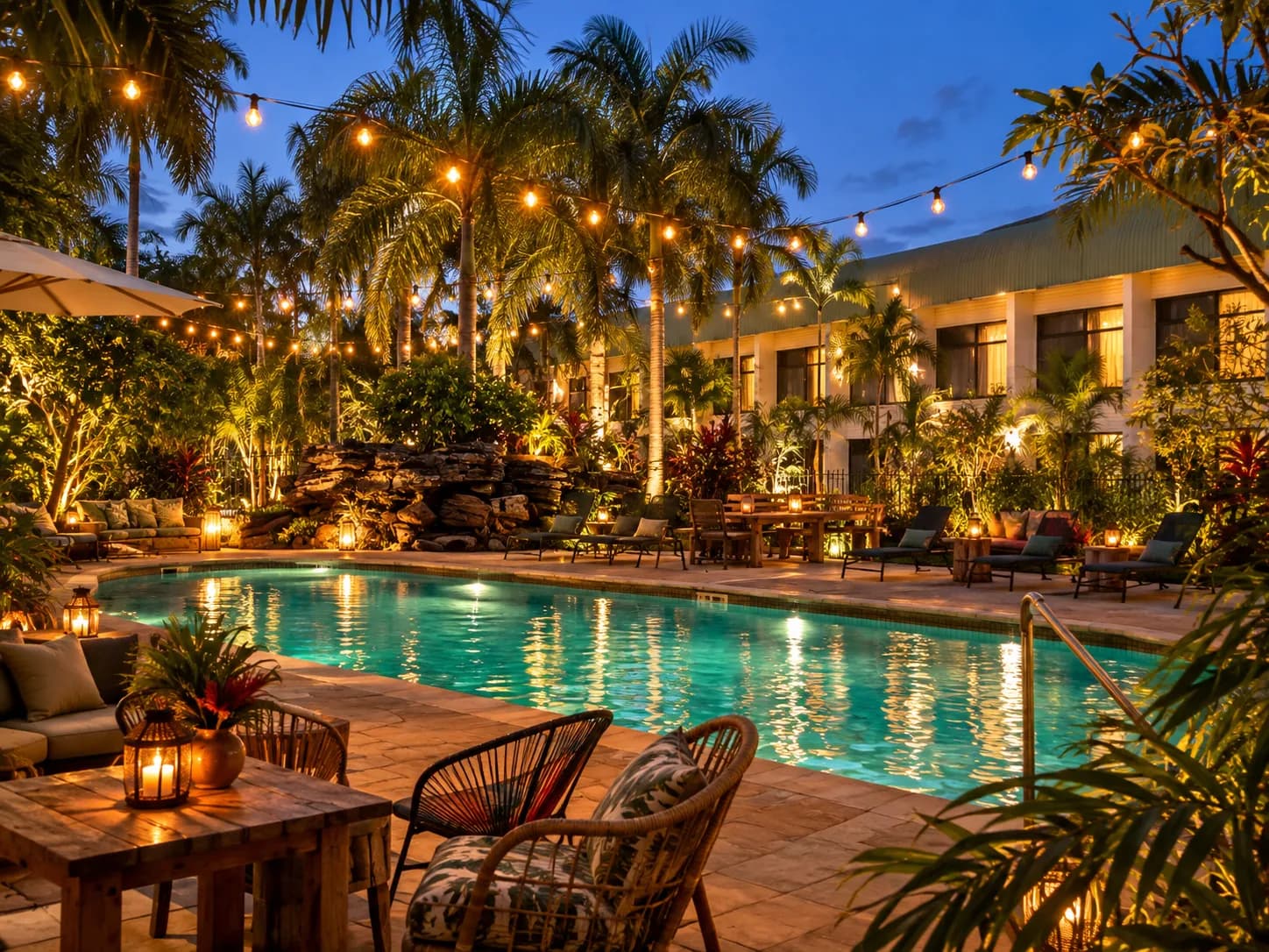 A lantern-lit courtyard garden with a small pool, palms and low seating at dusk