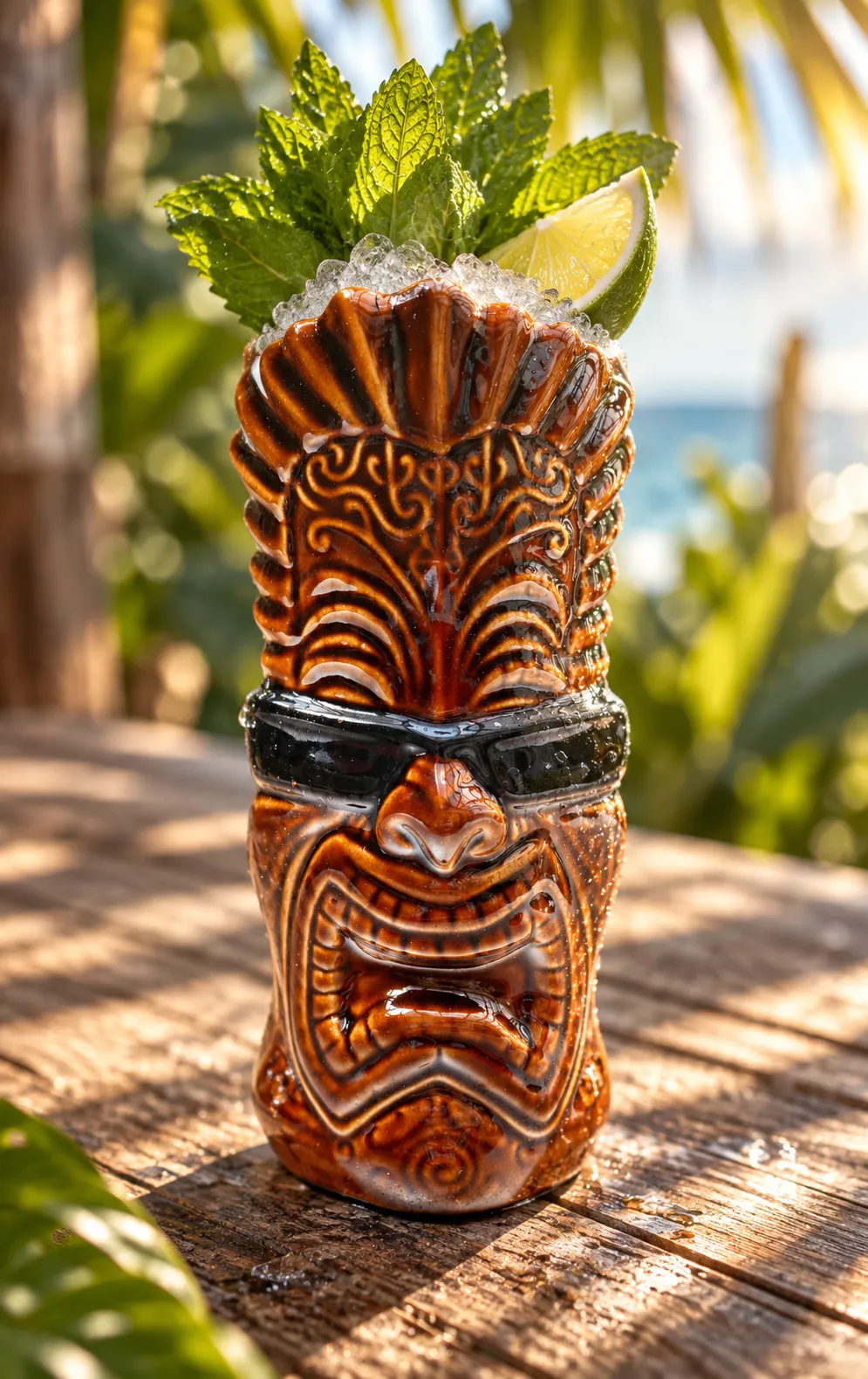 A tall cocktail in a tiki-style mug with mint and a paper straw on a wooden table