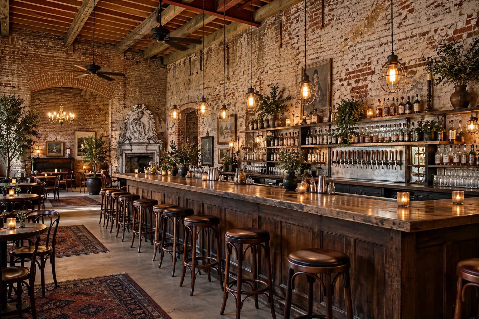 A wide neighbourhood bar room with a long central bar, ceiling fans and warm hanging lights