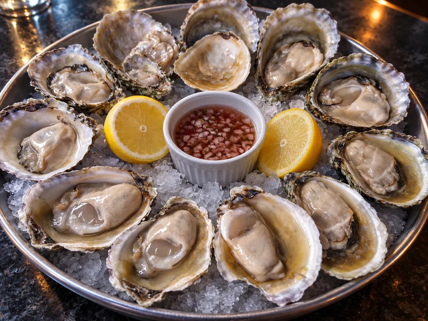 A dozen oysters on crushed ice on a metal tray with lemon and a small bowl of sauce