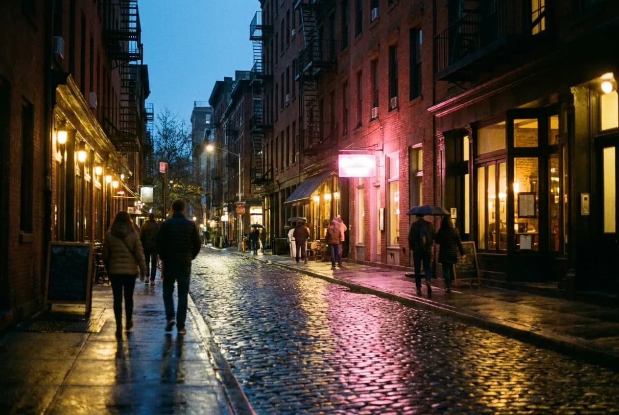 Evening street scene on Hudson Street in Manhattan's West Village with glowing bar windows and brick townhouses