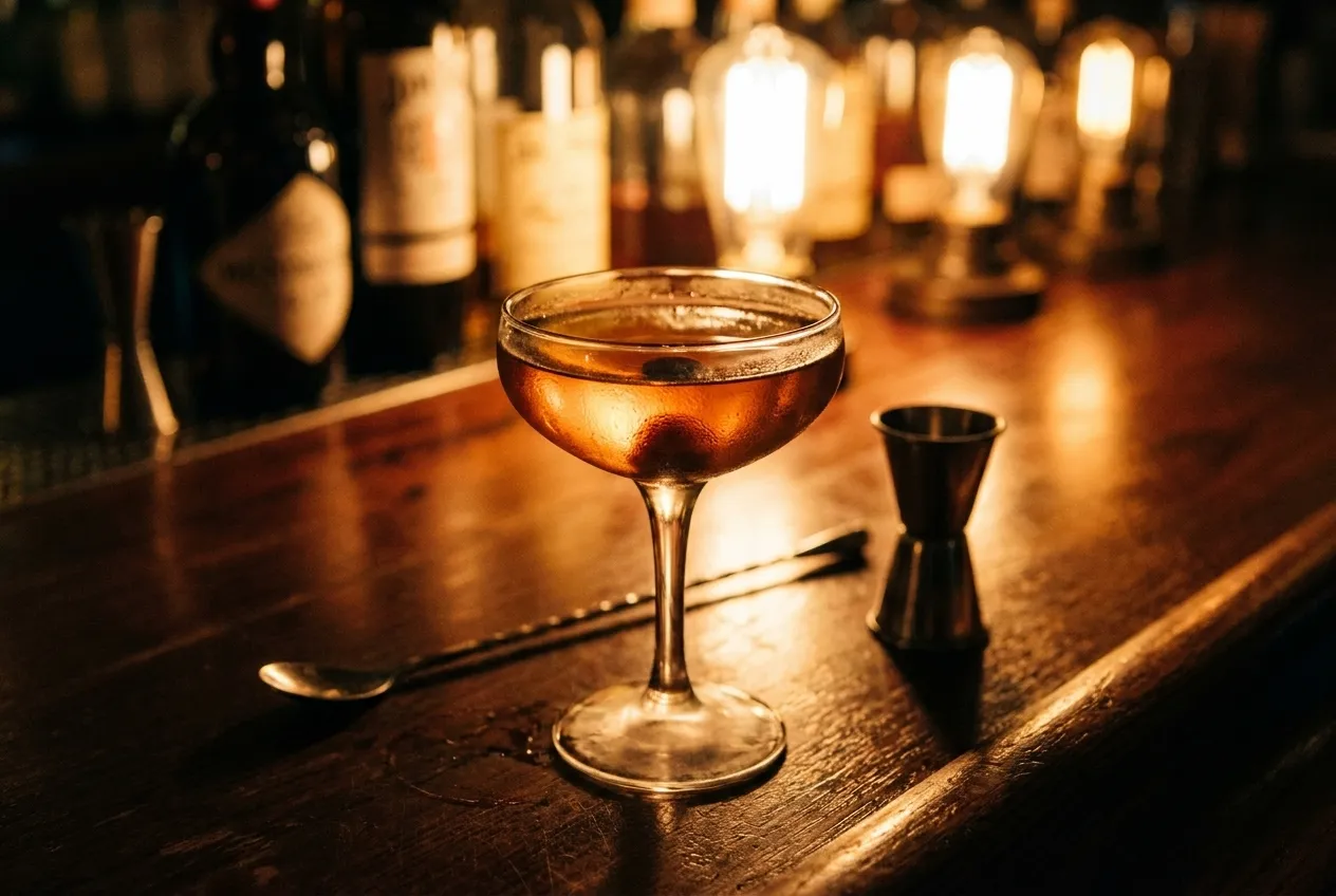Close-up overhead view of a classic Manhattan cocktail in a coupe glass on a dark wooden bar