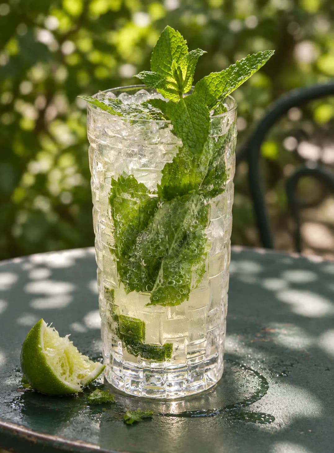 A mojito packed with mint and crushed ice on a small round table