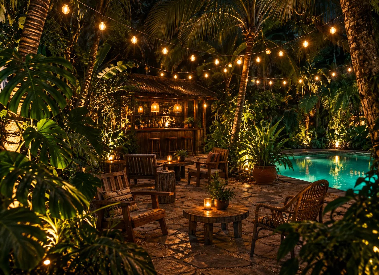 A tropical garden bar at night strung with lights over mismatched furniture
