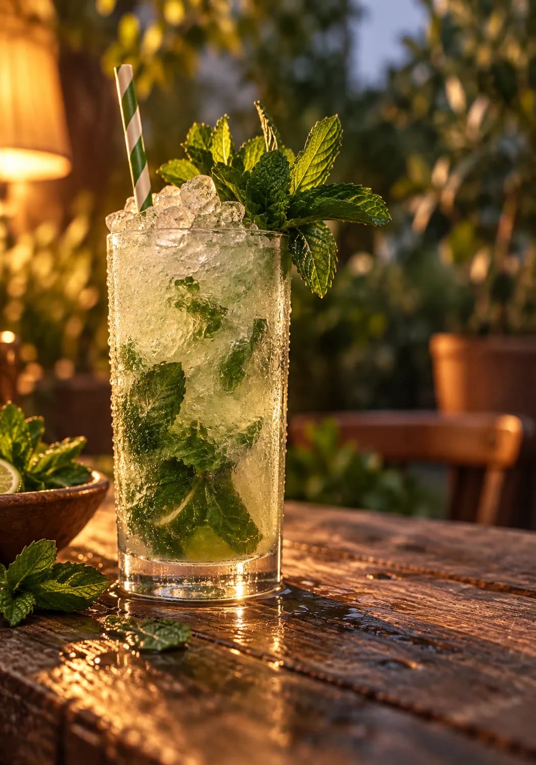 A tall cocktail with herbs and crushed ice on a weathered outdoor table