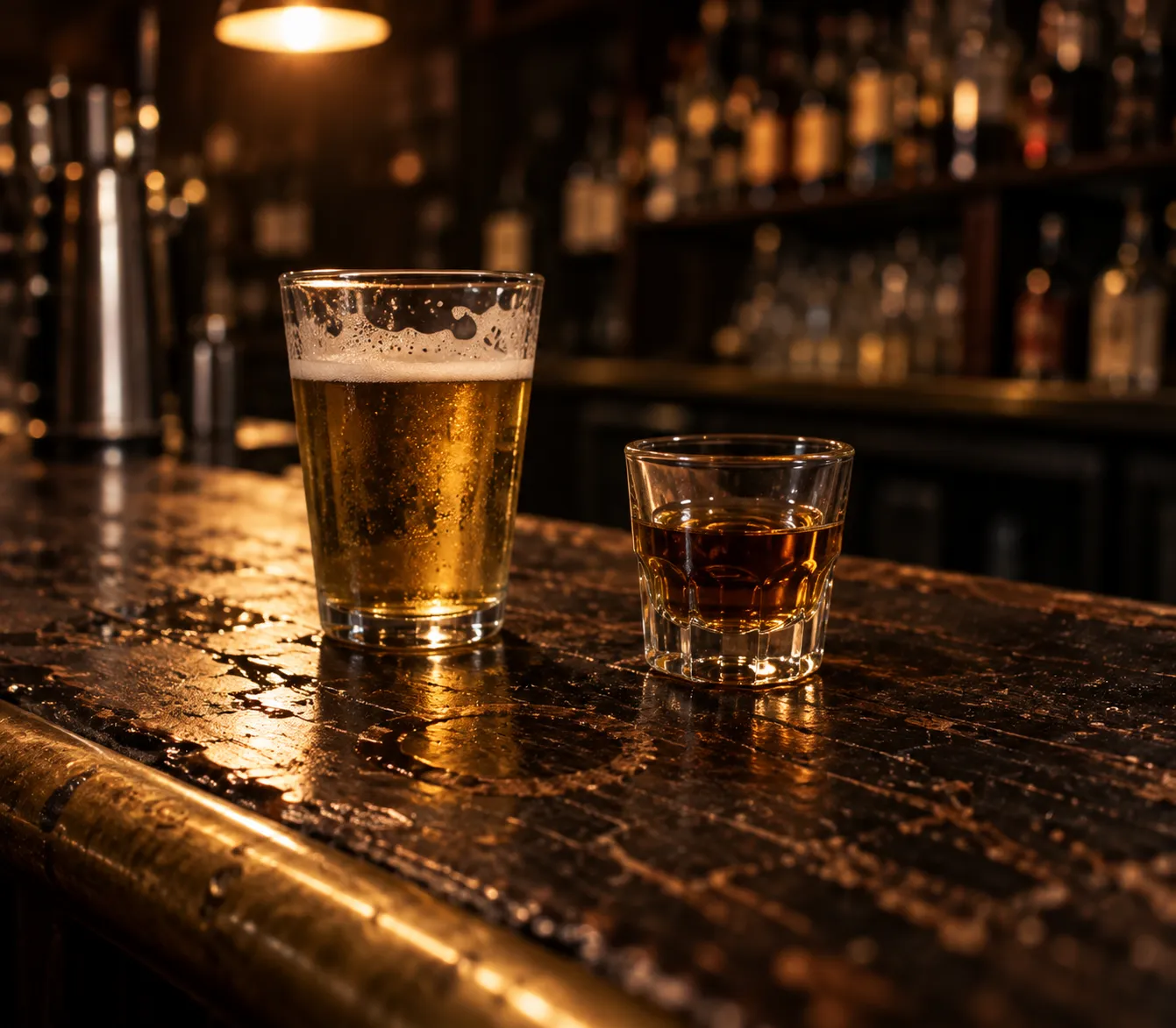 A short beer and a shot of whiskey side by side on a worn bar top