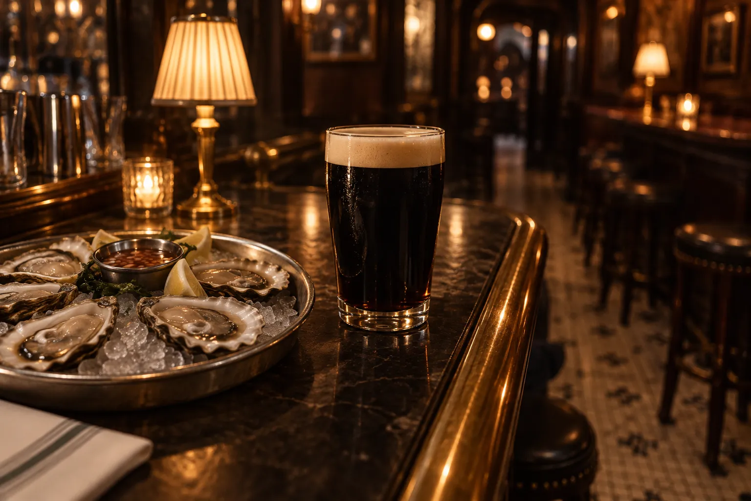 A settled pint of stout and a tray of oysters on ice along a marble bar top