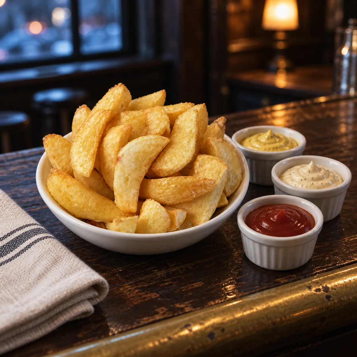 House-made chips with dipping sauces on a dark timber bar counter under warm lamps