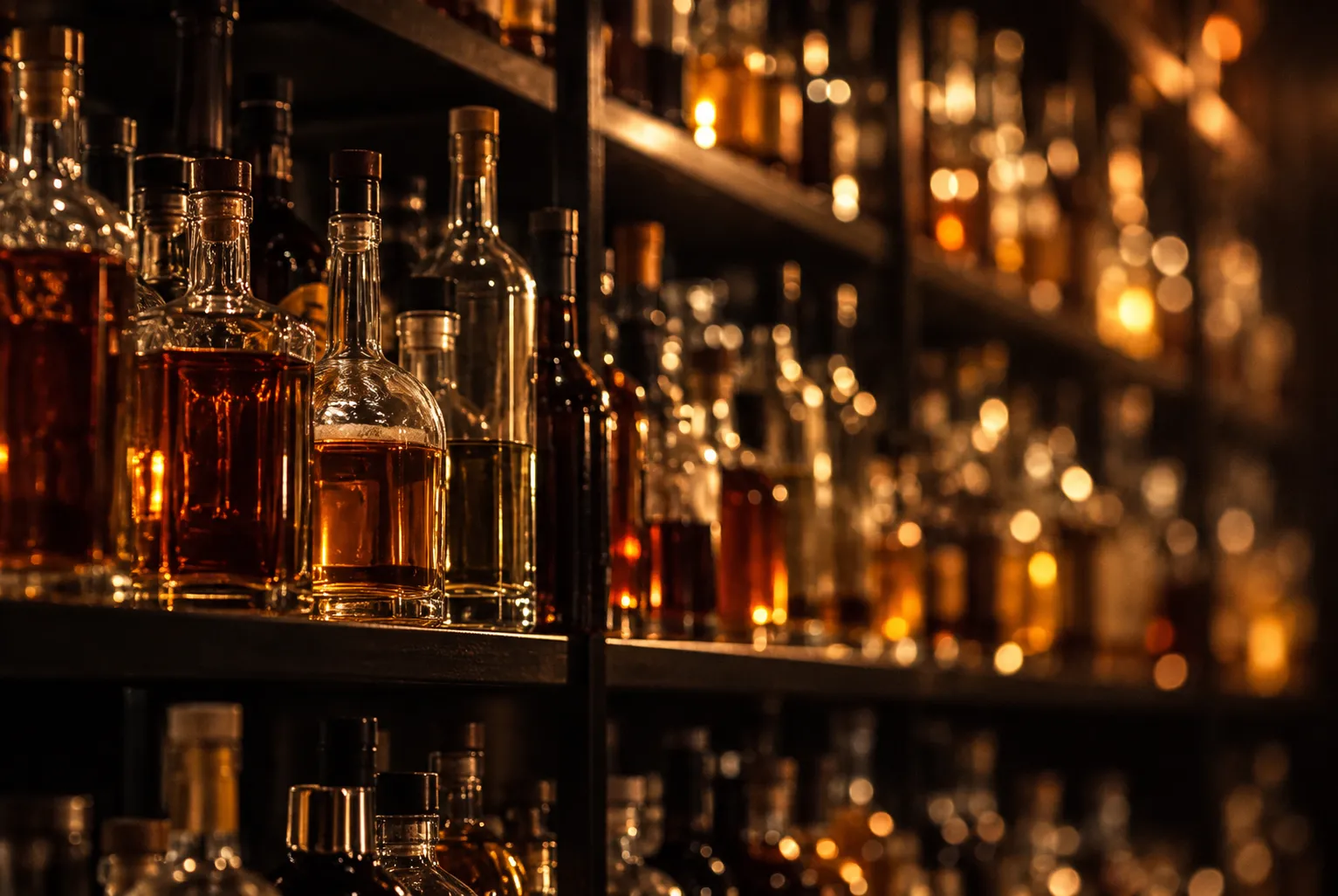 A long low-lit bar with amber bottles ranged along mirrored shelving
