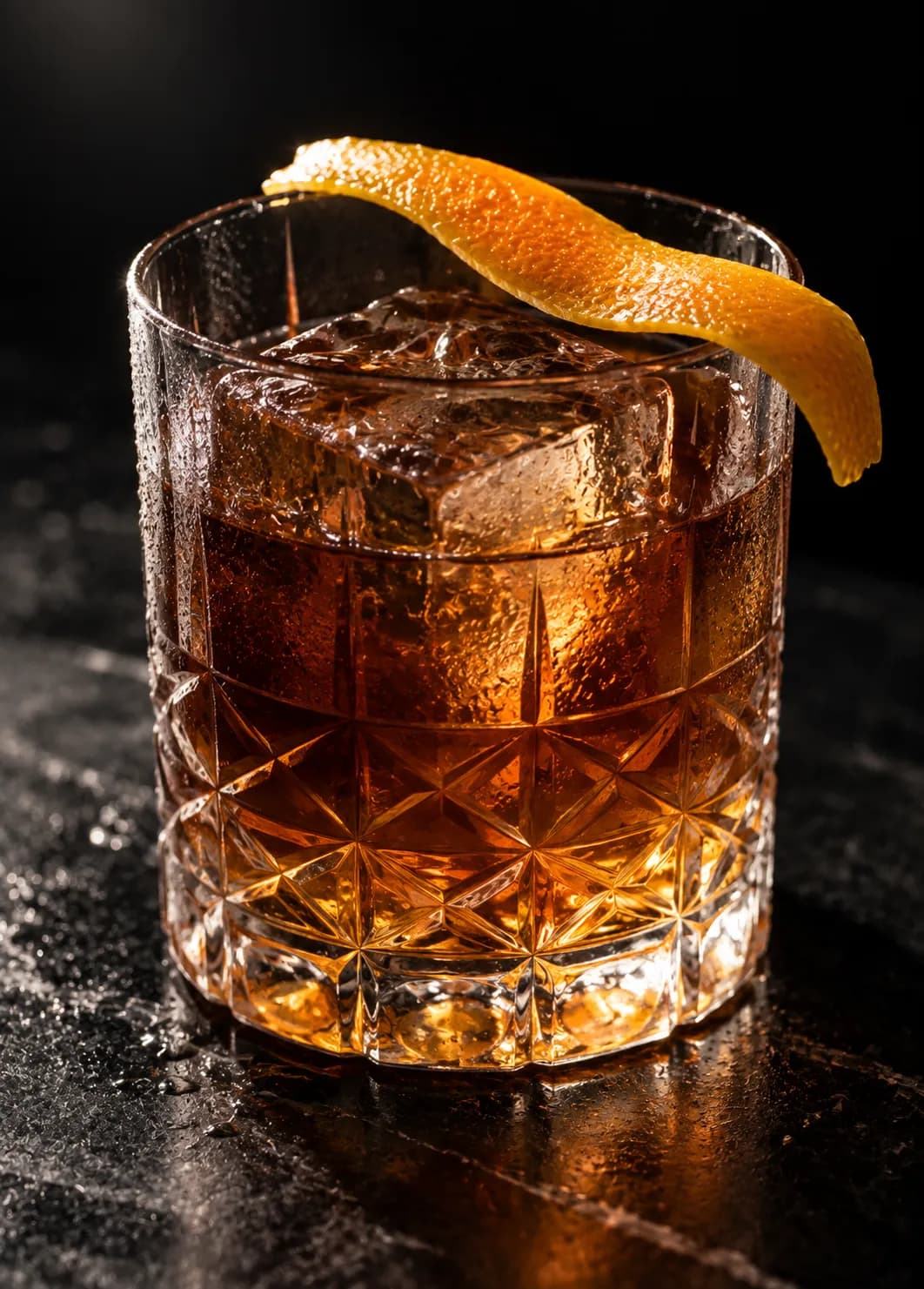 A stirred cocktail over a single large ice cube with a twist of citrus peel