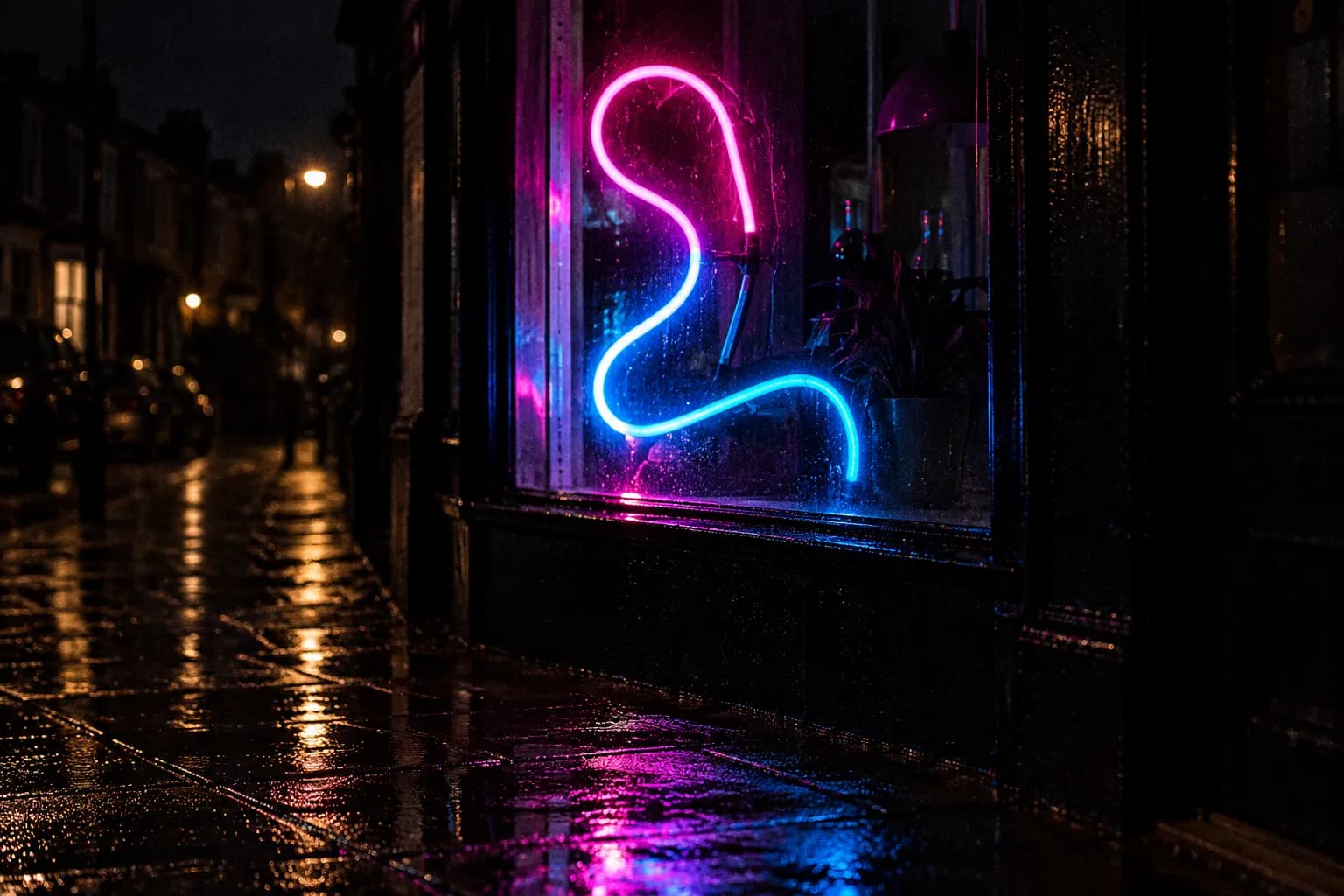 A neon shopfront sign glowing against a dark street window