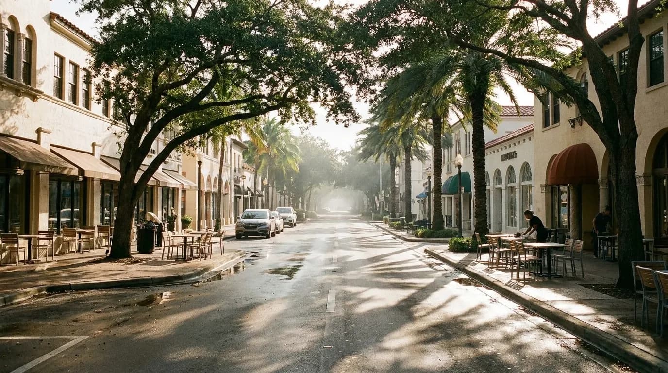 Mediterranean-revival storefronts, oak canopy and palms along Miracle Mile in Coral Gables, Miami, in low late-afternoon light with cafe tables being set on the sidewalk