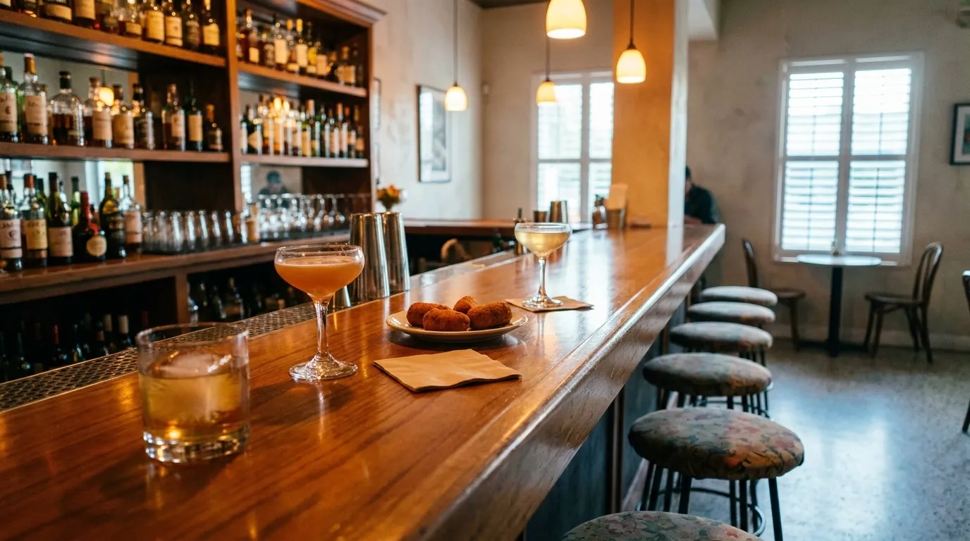 Polished wooden bar counter in a Coral Gables bar at early evening, with two coupe glasses, a lowball over a large ice cube and a small plate of croquetas under warm pendant lights