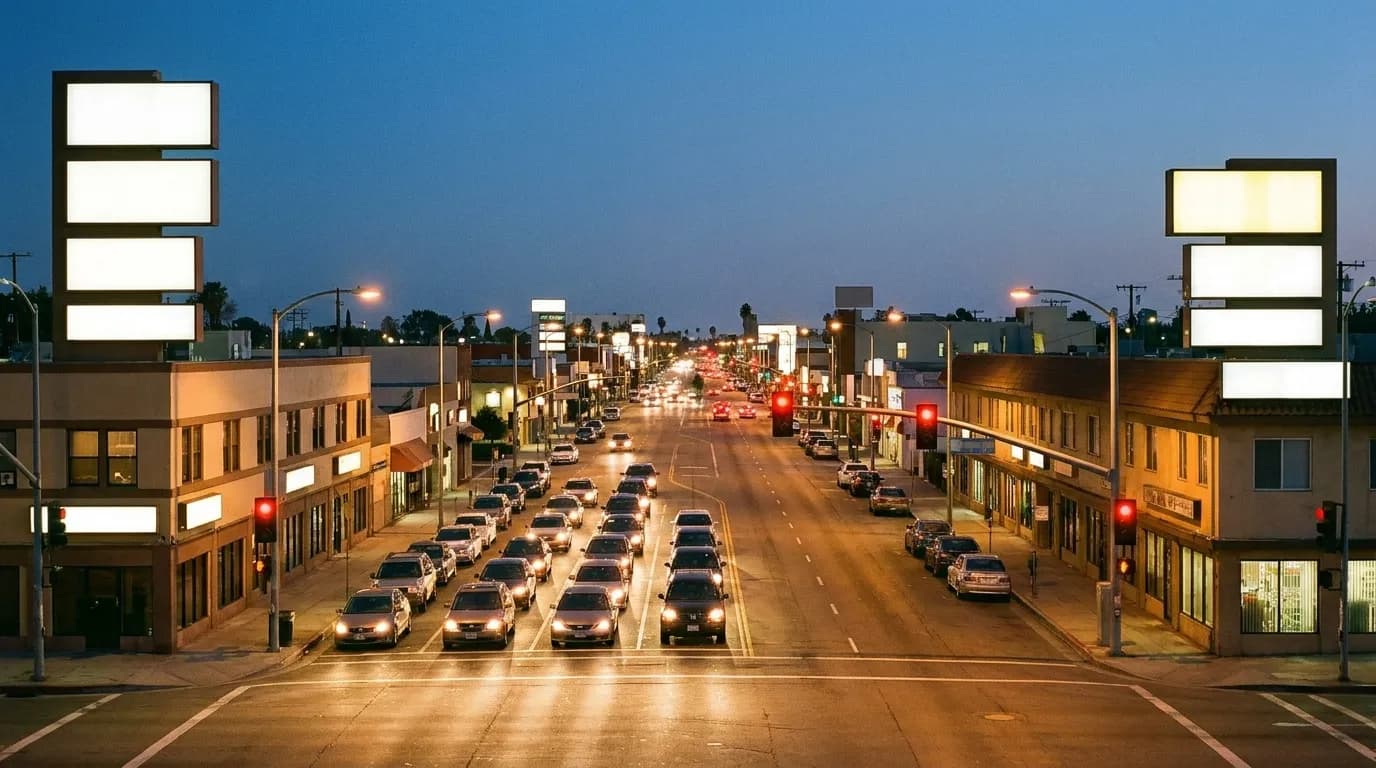 A dense mid-city Los Angeles boulevard just after sunset with stacked blank sign panels and cars queued at a light
