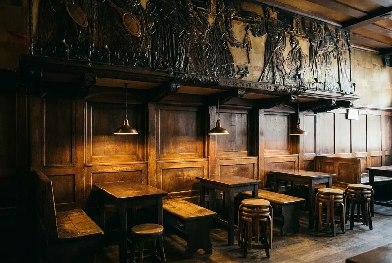 A dim wood-panelled room with low pendant lamps, worn tables and stacked stools in warm amber light