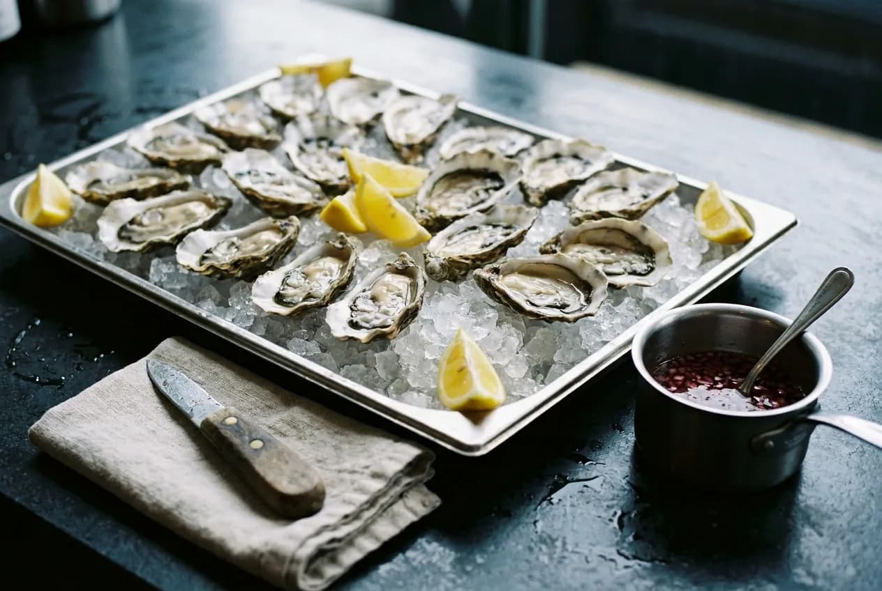 A steel tray of freshly shucked oysters on crushed ice with lemon wedges and a small pot of mignonette