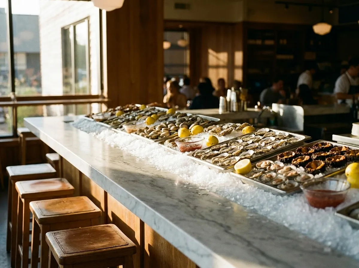 A marble raw seafood counter with crushed ice, shucked shellfish on steel trays and stools in warm late-afternoon light
