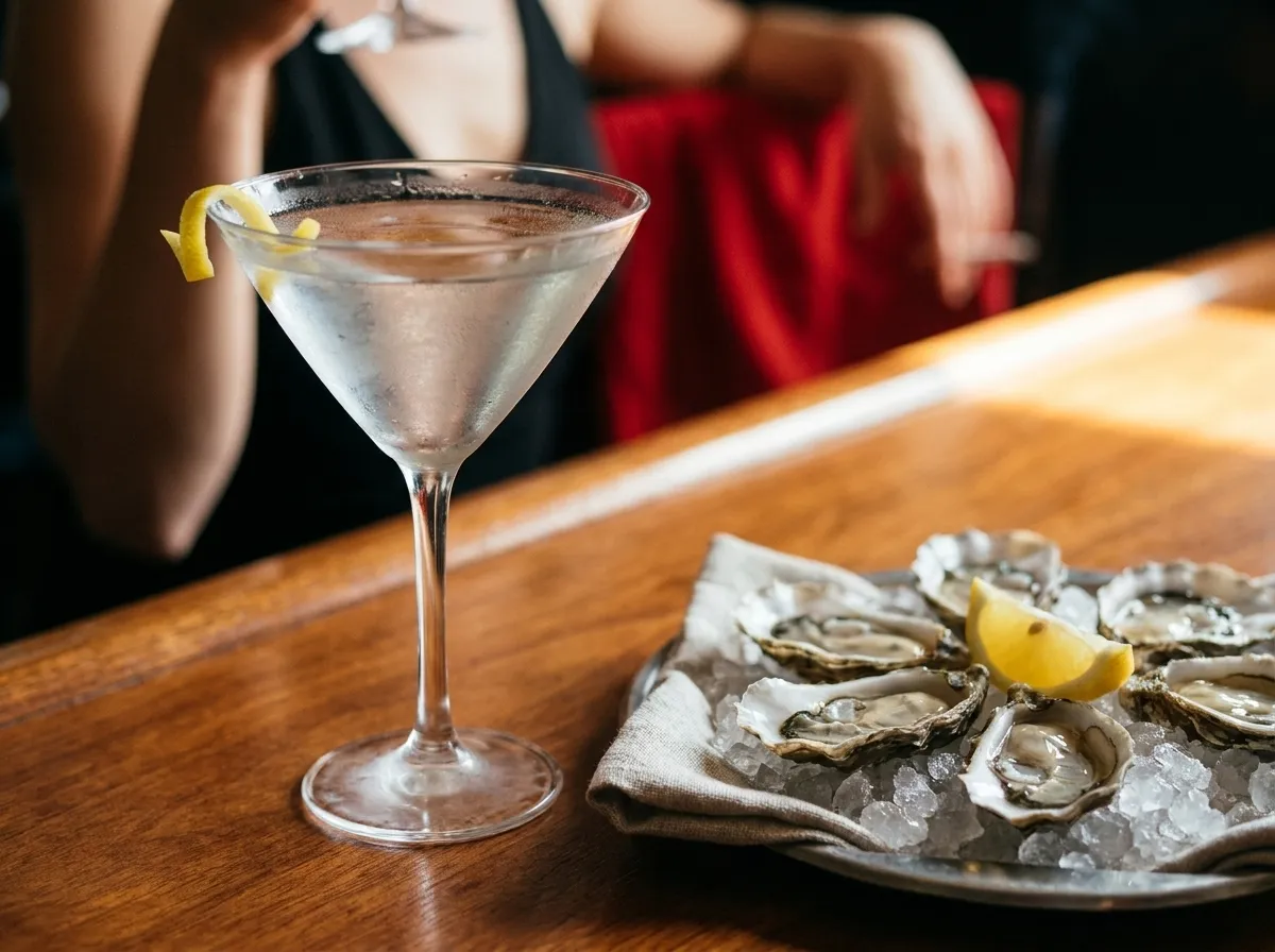 A stemmed cocktail glass beside a small tray of shucked oysters on ice under warm counter lighting