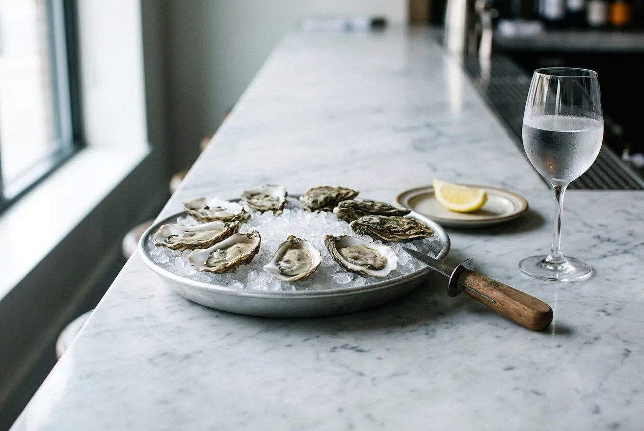 A marble bar top with a steel tray of oysters on crushed ice, a shucking knife and a chilled stemmed glass