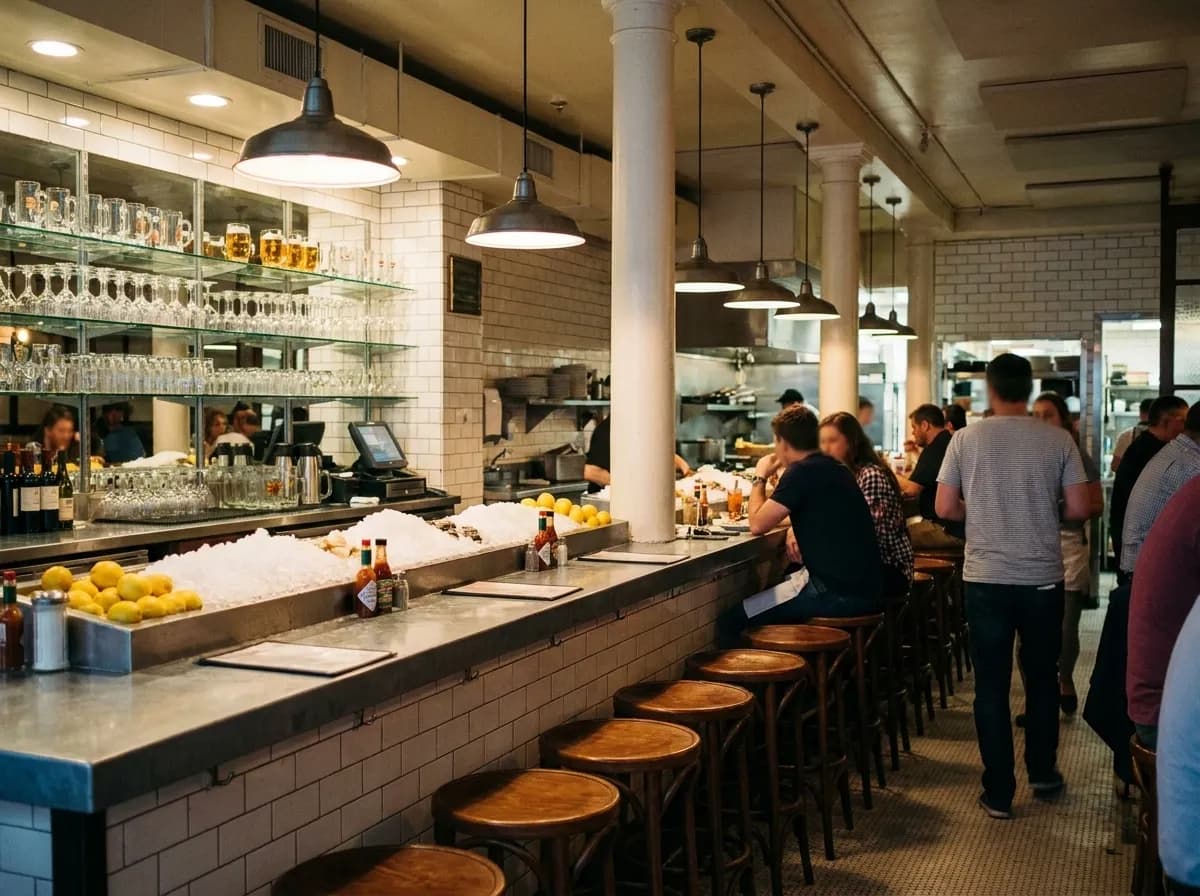 A shucked oyster on a shell with a lemon wedge and a chilled coupe glass on a marble counter