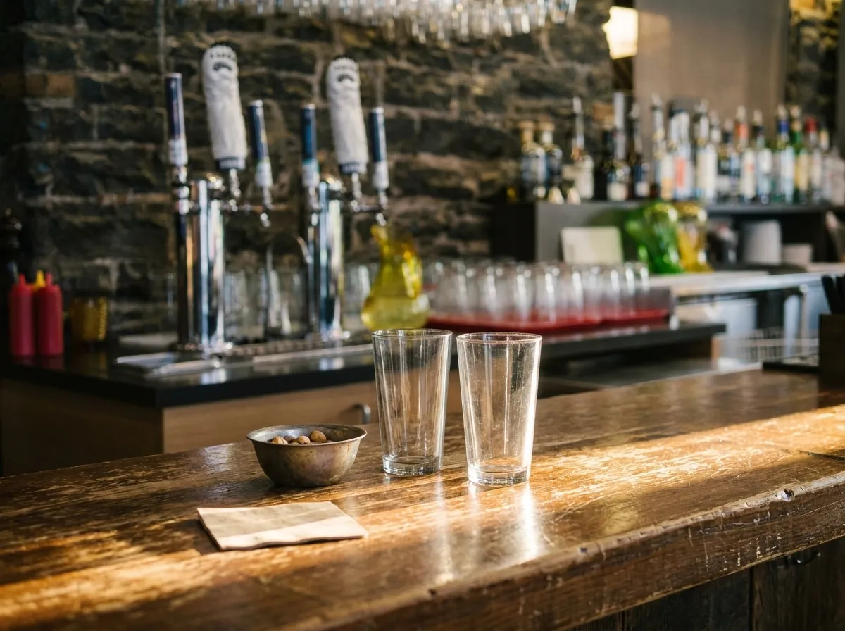 A bar counter at golden hour with two glasses, a small bowl and long light across the wood