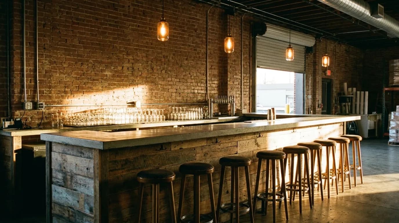An early-evening drinks counter in a converted warehouse with stools, warm pendant lights and late daylight through a roll-up door