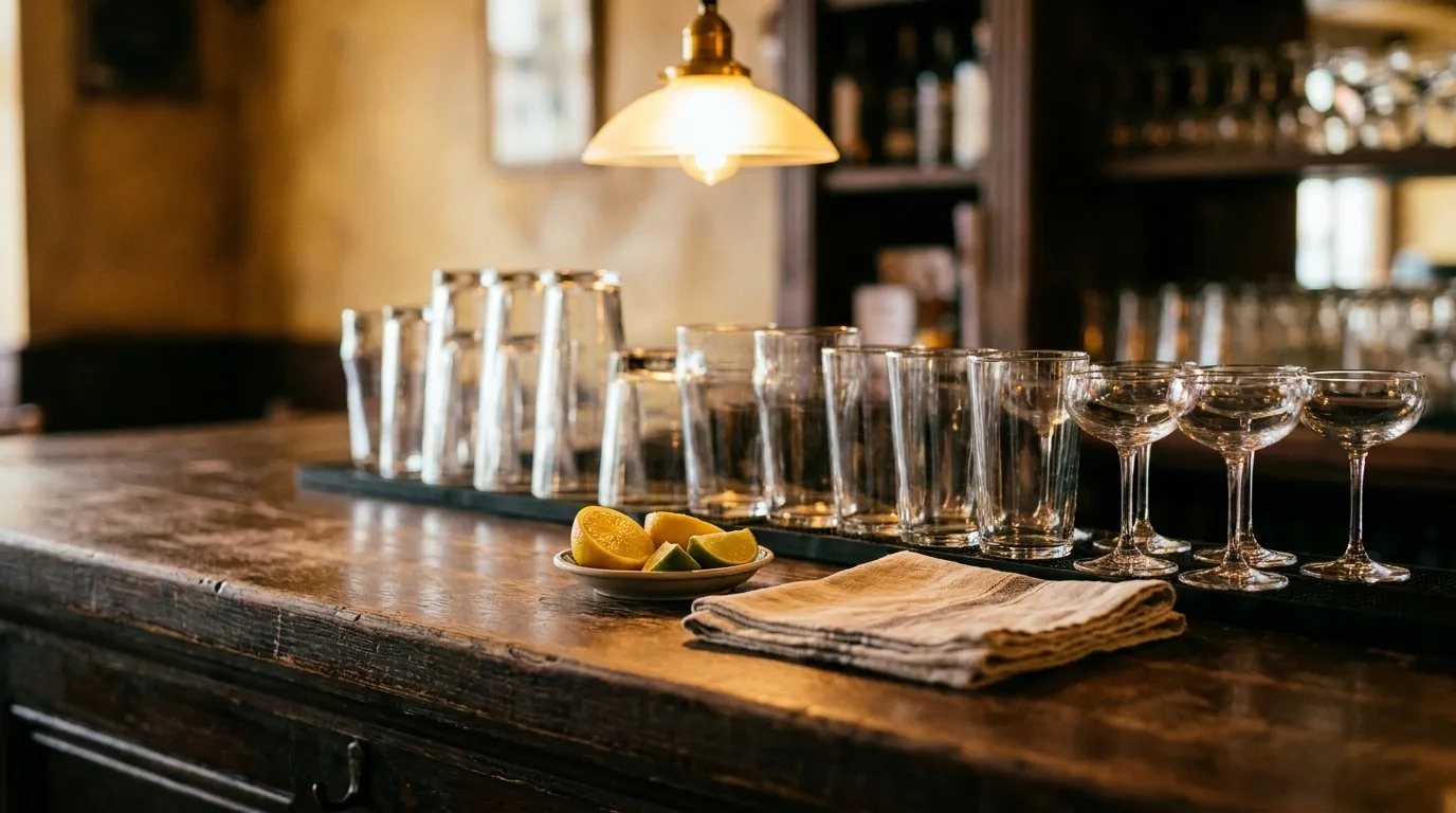 A row of glasses on a dark counter under warm pendant lights with a blurred room behind