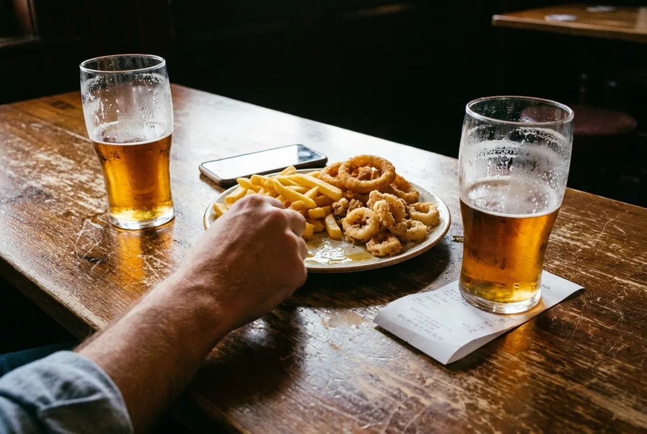 Two beers and a plate of bar snacks on a scratched wooden table