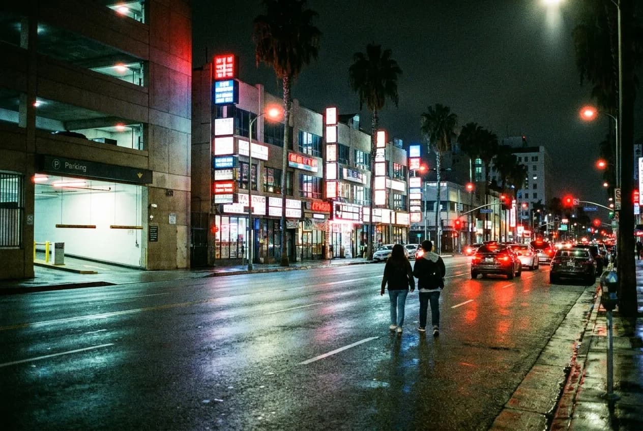 A Los Angeles boulevard at night lit by stacked storefront signage
