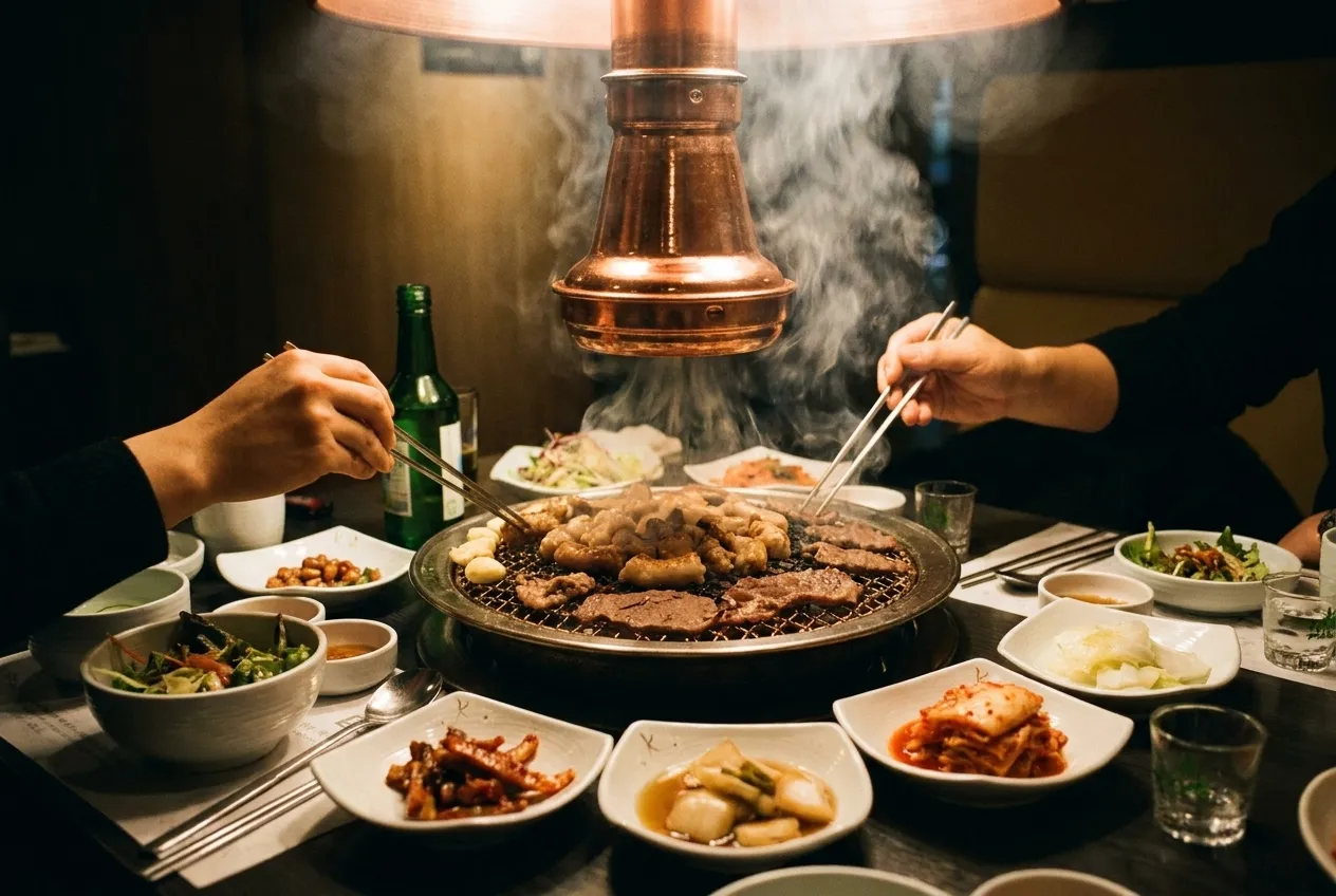 A tabletop grill surrounded by small banchan dishes mid-meal