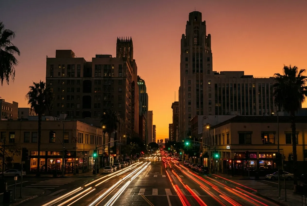 Downtown Los Angeles street at dusk with traffic and illuminated storefronts during evening rush hour